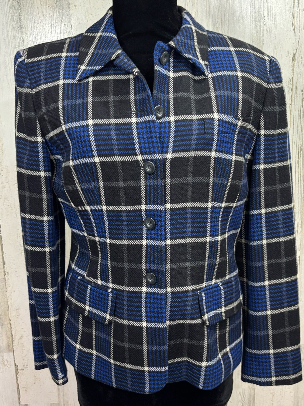 Rena Rowan Vintage Blue & Black Wool Plaid Jacket